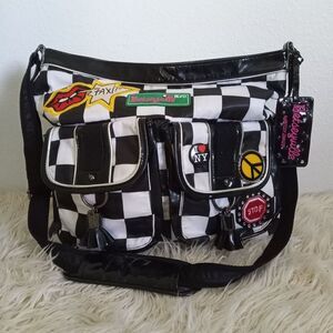 Betsey Johnson New York Checkered Taxi Bag Large Betseyville Embellished Lined